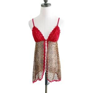 Vintage Y2K Victoria’s Secret Red/Leopard Print Mesh Lingerie Top M Lace Accents